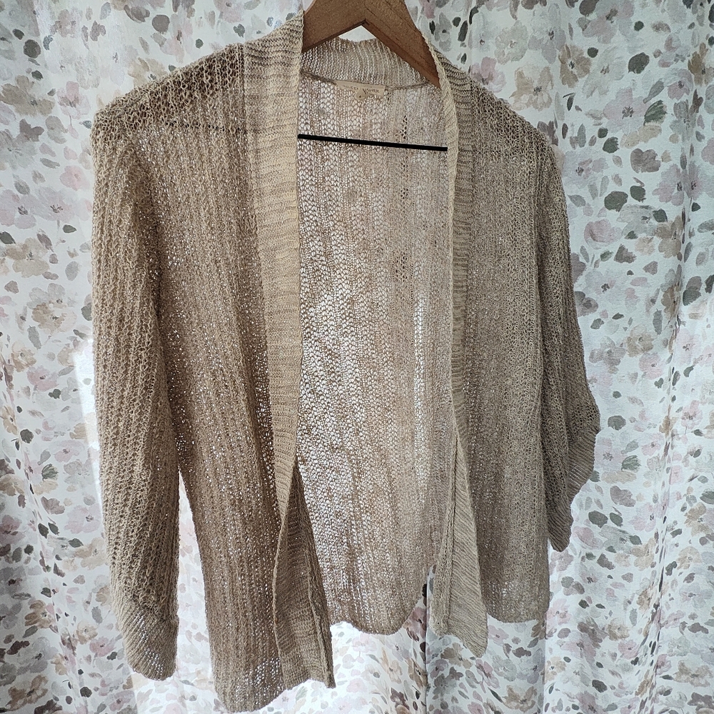 Eileen Fisher M Fine Open Knit Cardigan 3/4 Sleeves Linen Blend Beige Neutral